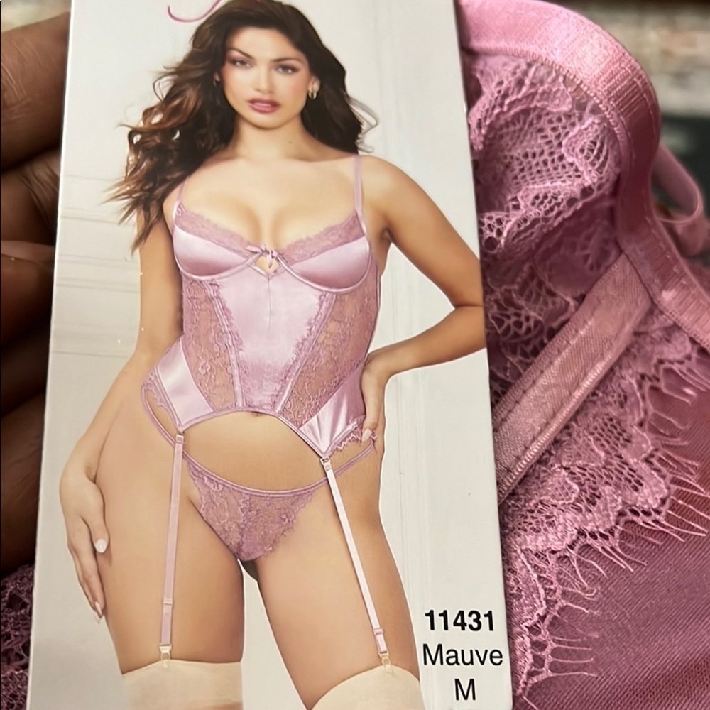 Seven til midnight Veronica Mesh Lace Bustier/Thong set M satin romantic bridal